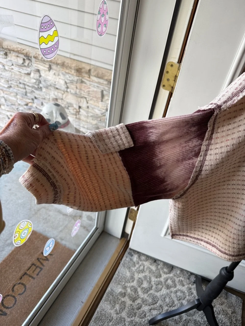 POL WILD BERRY/FLORAL  Cream Tie-Dye Patchwork button down long sleeve top - Picture 4 of 12